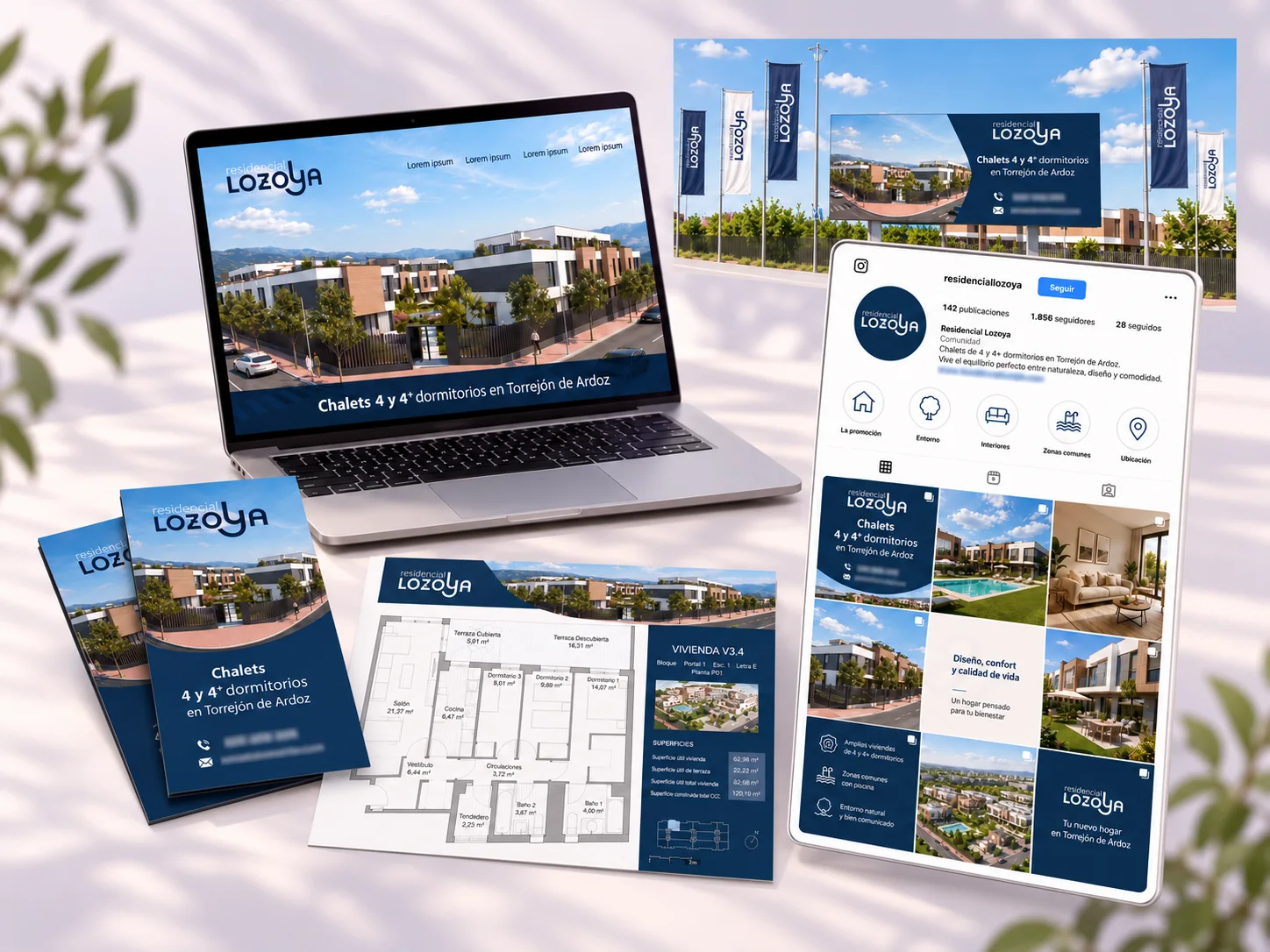 Campaña de Residencial Lozoya: landing, perfil de Instagram, flyers, plano de vivienda y valla con banderolas