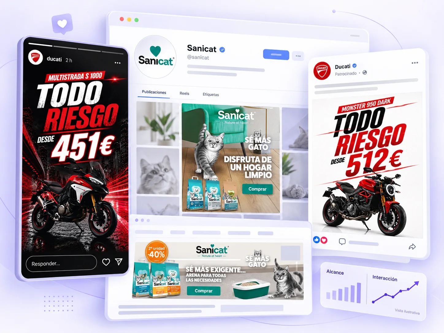 Campañas digitales para Ducati y Sanicat: stories, perfil en redes, publicación patrocinada y banner