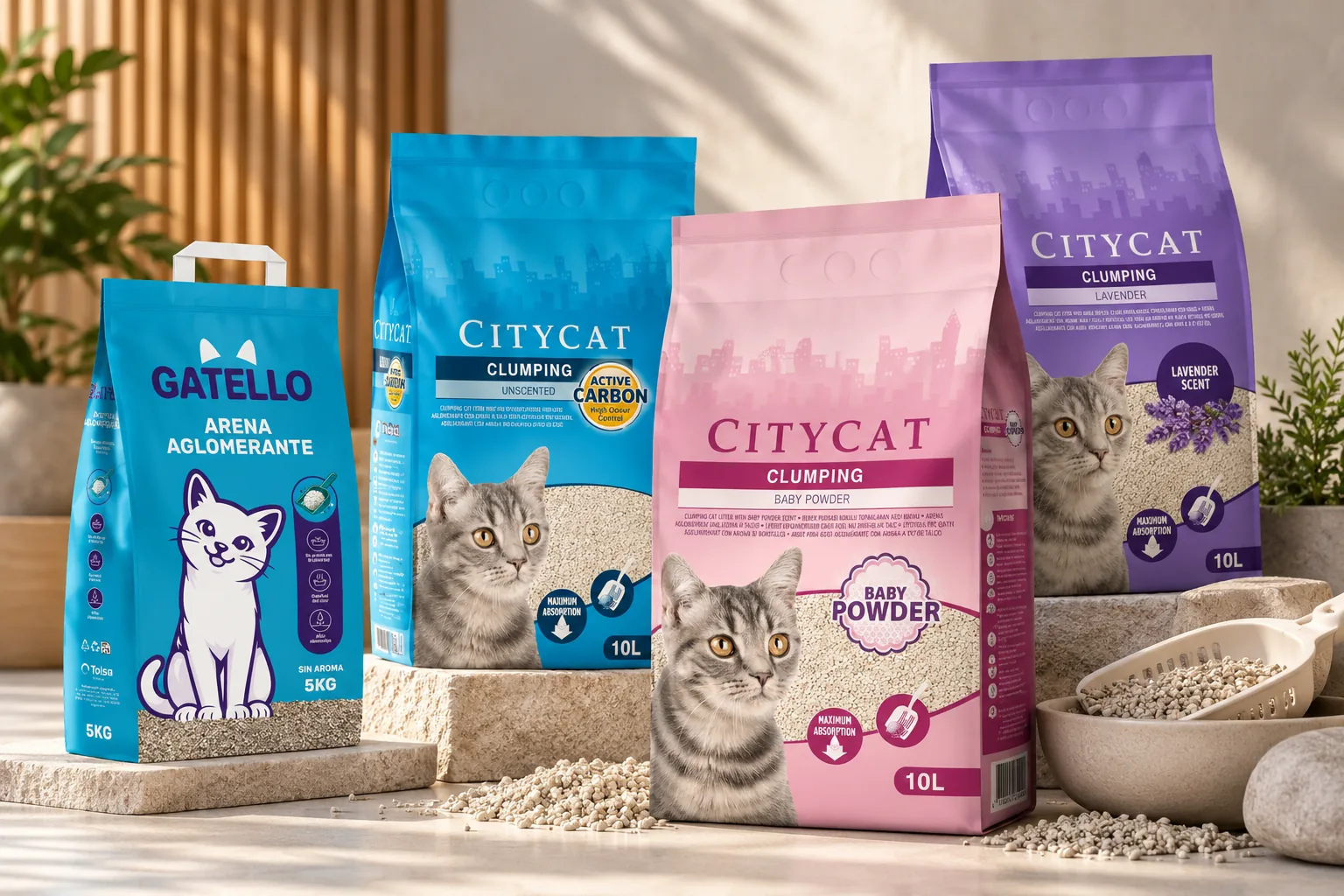 Packaging de arena para gatos Gatello y Citycat