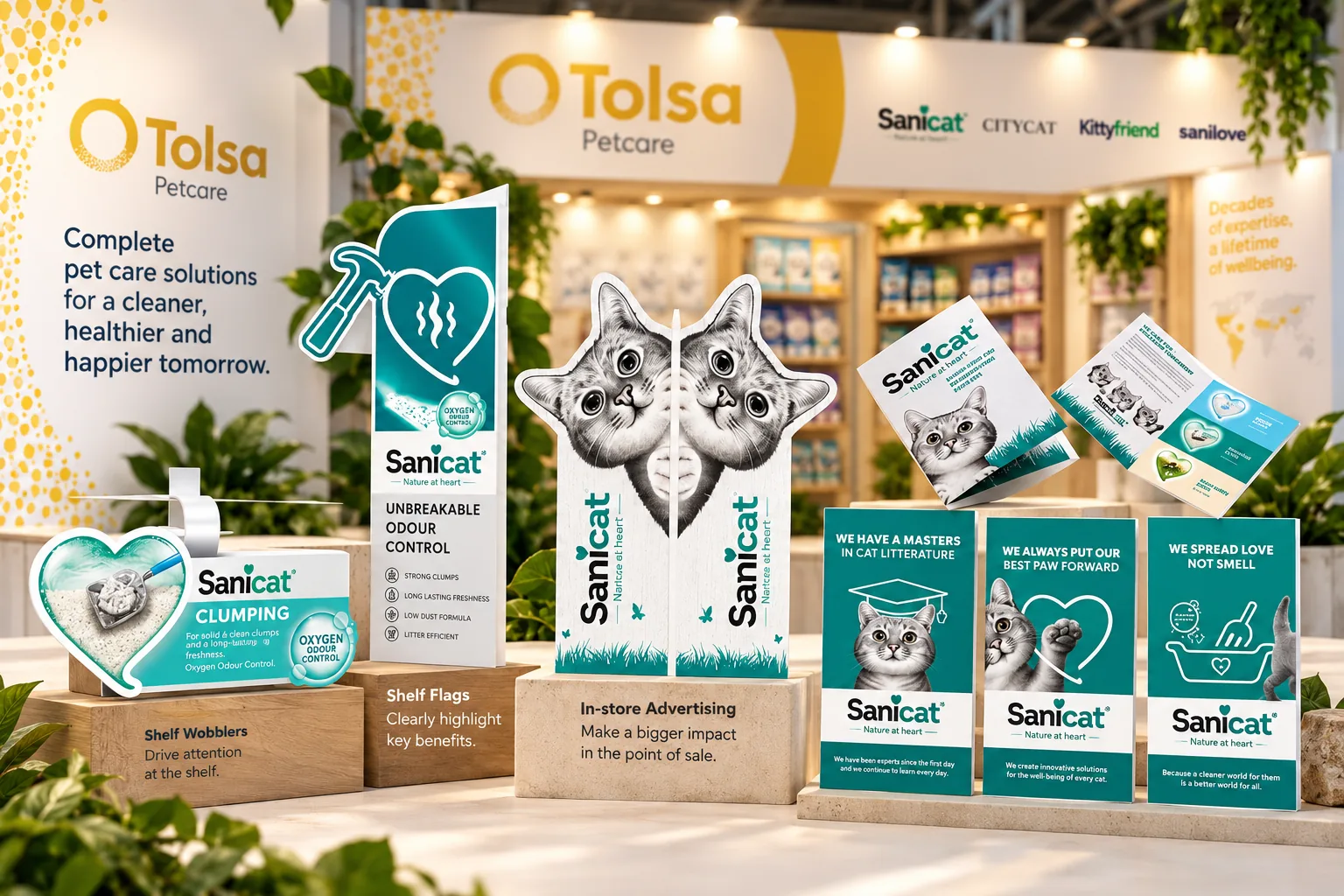 Materiales de PLV para Sanicat: expositores, wobblers y cartelería