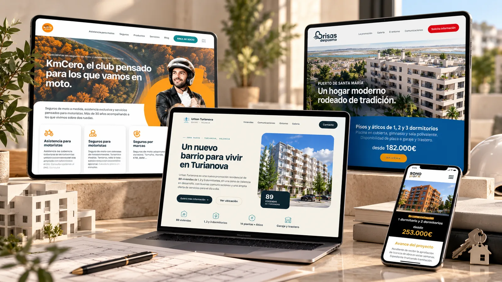 Webs y landings de KmCero, Turianova y promociones inmobiliarias en portátil, monitor y móvil